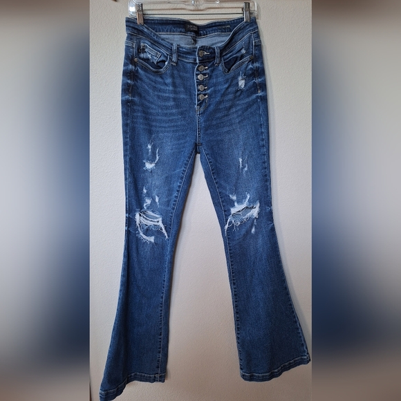 Judy Blue Denim - Judy Blue Womens Trouser Flare Button Fly Distressed Jeans. Size 9/29